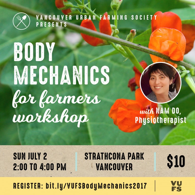 Body Mechanics Workshop for Farmers poster - picture of scarlet runner beans with red flowers and physiotherapist Nam Do