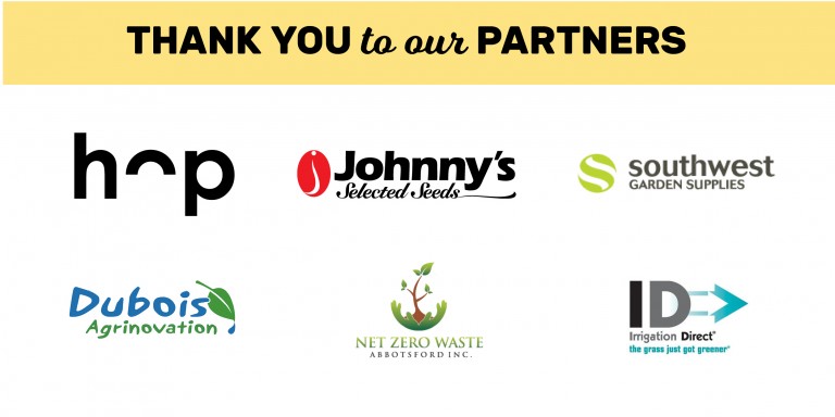 Thank you to our partners, with logos for Hop Compost, Johnny's Selected Seeds, Southwest Garden Supplies, Irrigation Direct, Net Zero Waste, and Dubois Agrinnovation